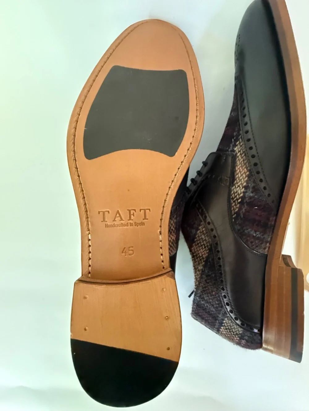TAFT The Wallace Wingtip Oxford Black Leather Brown Tartan Plaid EU 45